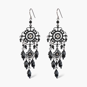 Zethina Dreamcatcher Drop Earrings - Black Finish Statement Chandelier Earrings with Crystals, Gothic Boho Jewelry, 11cm Long Dangling Beads