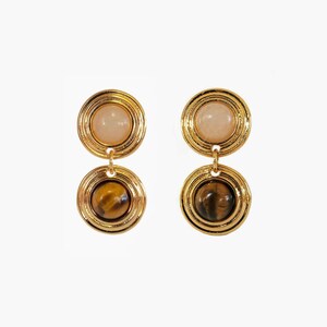 Druppeloorbellen tijgeroog en agaat: 18 kt verguld vintage design