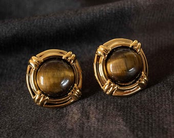 Steenoorbellen tijgeroog: 18k vergulde stekers, genezende sieraden