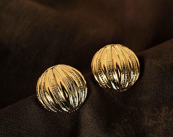 Gold Domed Stud Earrings: 18k Gold-Plated Carved Brass