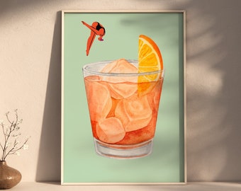 Könnte beinhalten: Eine gerahmte Illustration eines Glases Orangensaft mit Eiswürfeln und einer Orangenscheibe obenauf. Eine rote Figur taucht in das Glas.