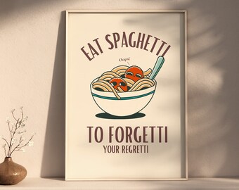 Spaghetti Regretti Wall Art, Digital Wall Art, Retro Wall Art, Printable Wall Art, Kitchen Poster, Dinner Wall Art, Kitchen Food Poster