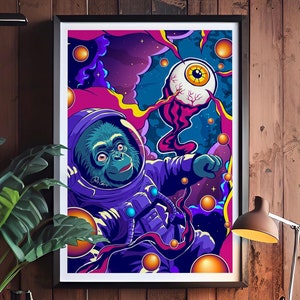 Surreal Cyberpunk Space Ape in a Colorful Sci Fi Digital Art Poster, Futuristic Dystopian Monkey Vibrant Wall Art, Space Monkey Wall Décor