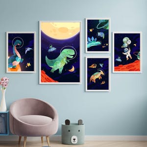 Space Dinosaur Wall Art, Set of 6 Dinosaur Prints, Dinosaur Nursery Wall Art, Astronauts Printable Wall Art, Outer Space Prints, Boys room