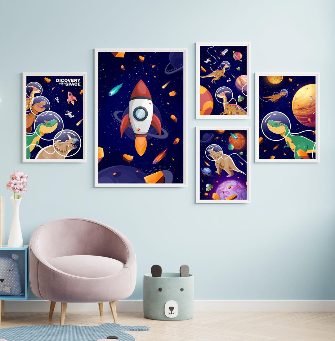 Set of 6 Dinosaur in Space Wall Art Print, Dinosaur Nursery Wall Art ...