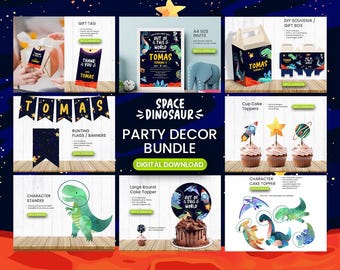 May include: A digital download party decor bundle for a space dinosaur themed party. The bundle includes a variety of printable items, such as a gift tag, invitation, cupcake toppers, a cake topper, and bunting flags. The colors are blue, green, orange, and black.