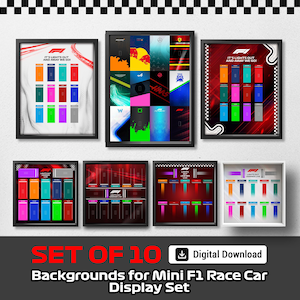 Peut inclure: Un ensemble de dix fonds numériques encadrés pour un mini présentoir de voitures de course F1. Les fonds présentent des designs colorés et le texte "IT'S LIGHTS OUT AND AWAY WE GO !" dans diverses dispositions. Option de téléchargement numérique incluse.