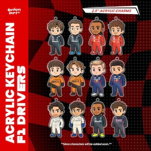 May include: A collection of twelve 6.35 cm acrylic charms featuring cartoon-style Formula 1 drivers in their respective racing suits. The text reads ACRYLIC KEYCHAIN F1 DRIVERS and 2.5" ACRYLIC CHARMS. The drivers are depicted in various team uniforms.