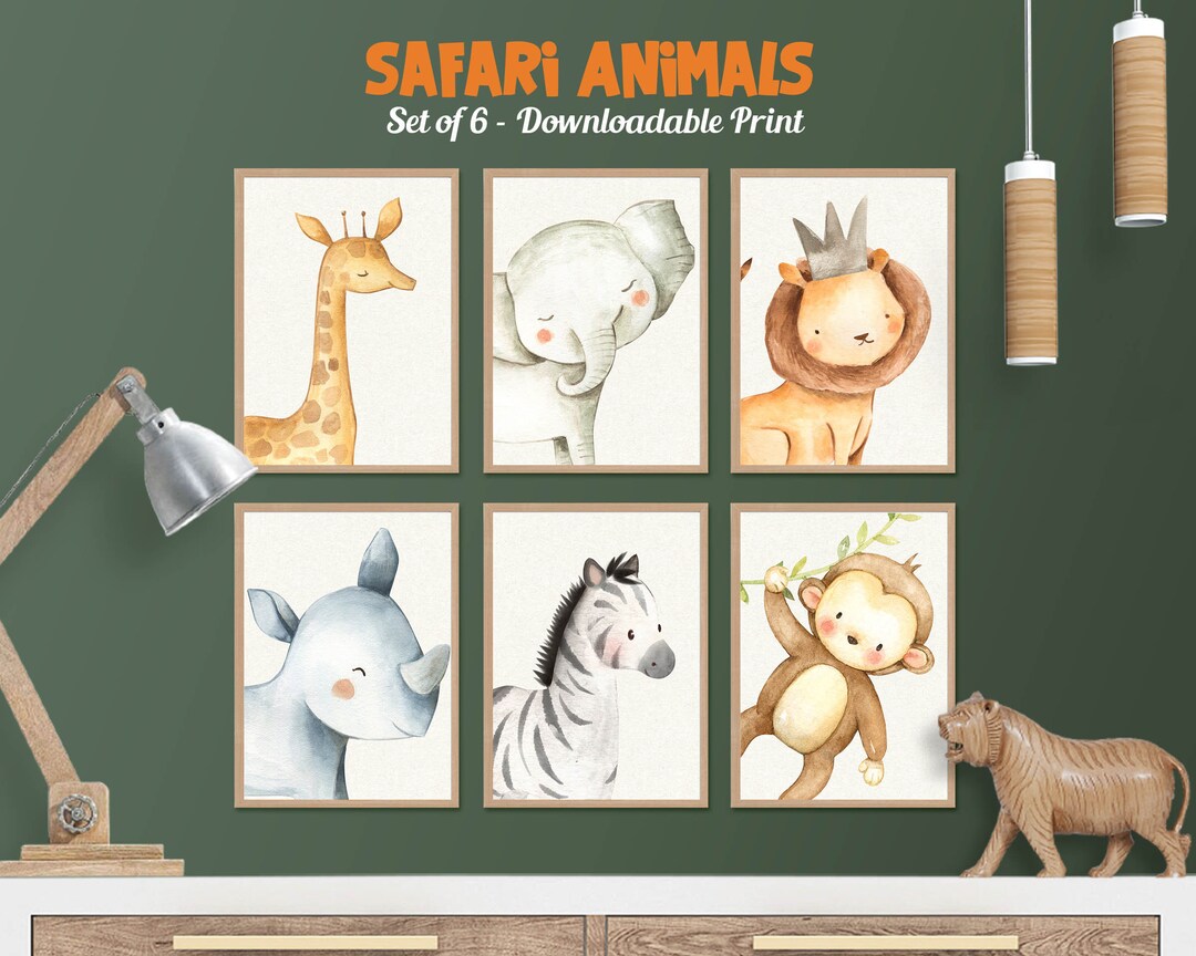 Safari Nursery Wall Decor, Set of 6 Safari Animals Prints, Nursery Room ...