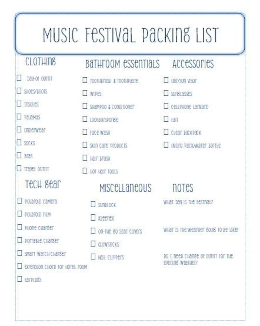 Concert Checklist - Etsy