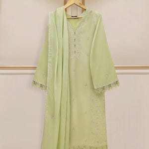 Agha Noor 2 Piece Pure Embroidered Cambric suit. size-Small, Pista Green color.