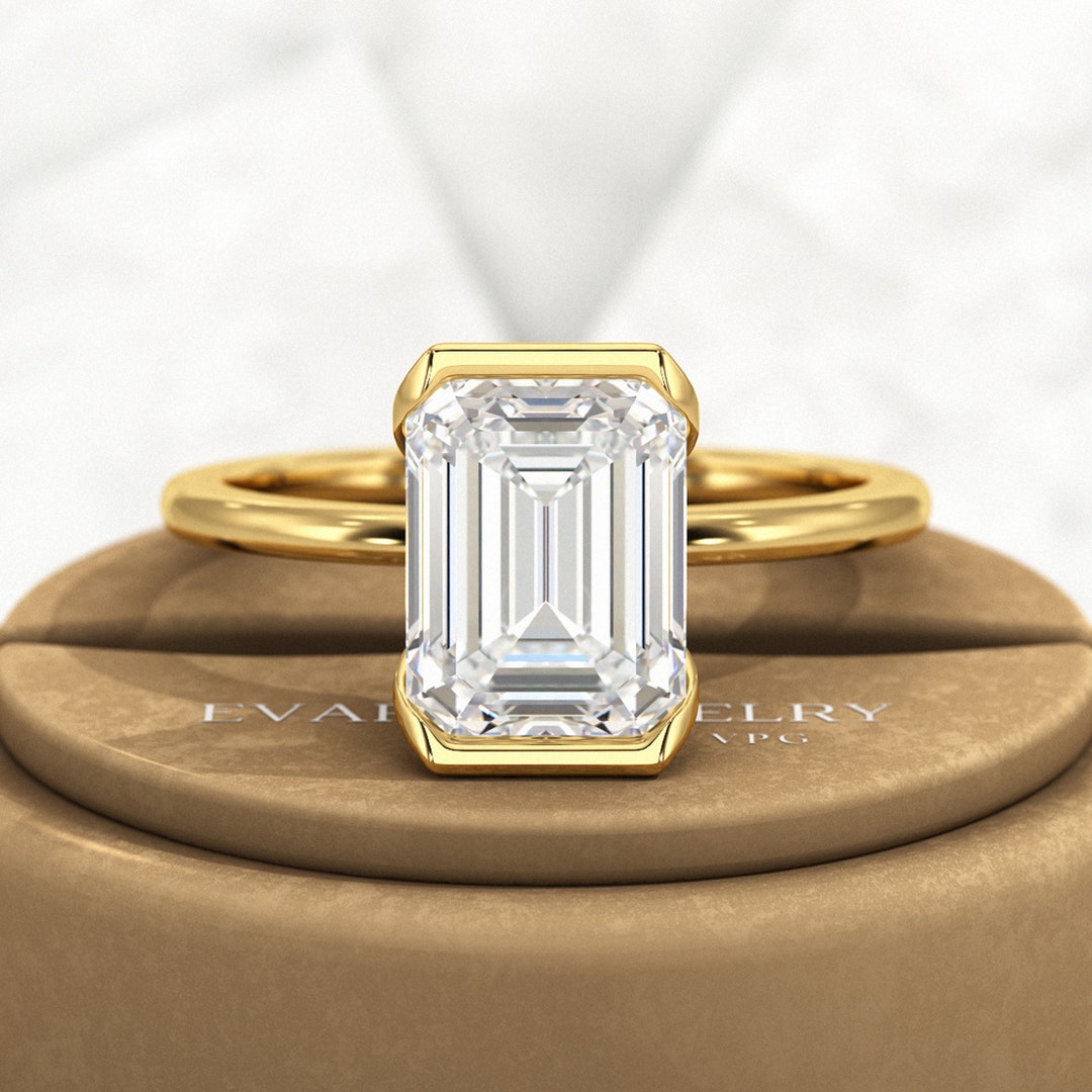 2 Ct Emerald Cut Diamond Half Bezel Set Modern Engagement Ring ...