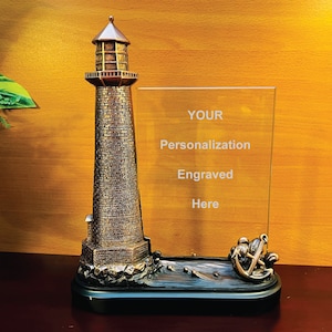 Bronze Lighthouse Sculpture with 5"W x 7"H Glass, Blank for Home Decor, Add Personalized Text on glass to make it a Gift, Trophy or Award