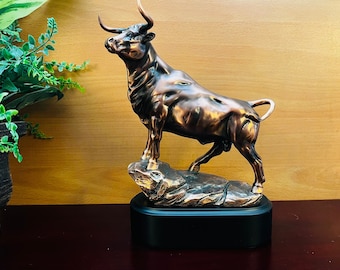 Bronze Bull Sculpture on Base, Blank for Home and Office Decor, Add Personalized Engraving to make it a Gift, Trophy of Event Winners.