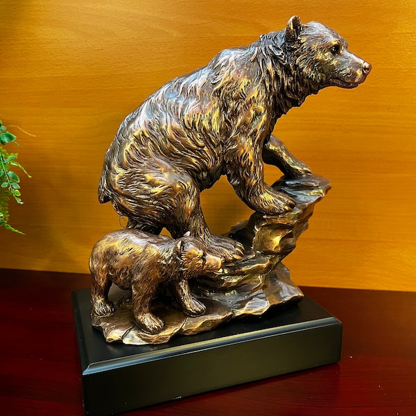 Bronze Bear with Cub on Rocks Sculpture, Blank for Home and Office Decor, Add Personalized Engraving to make it a Gift or Trophy