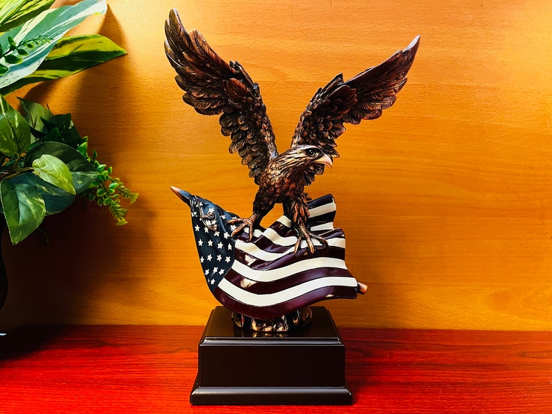 Bronze Eagle With US Flag Sculpture on Black Base, Blank for Home Decor