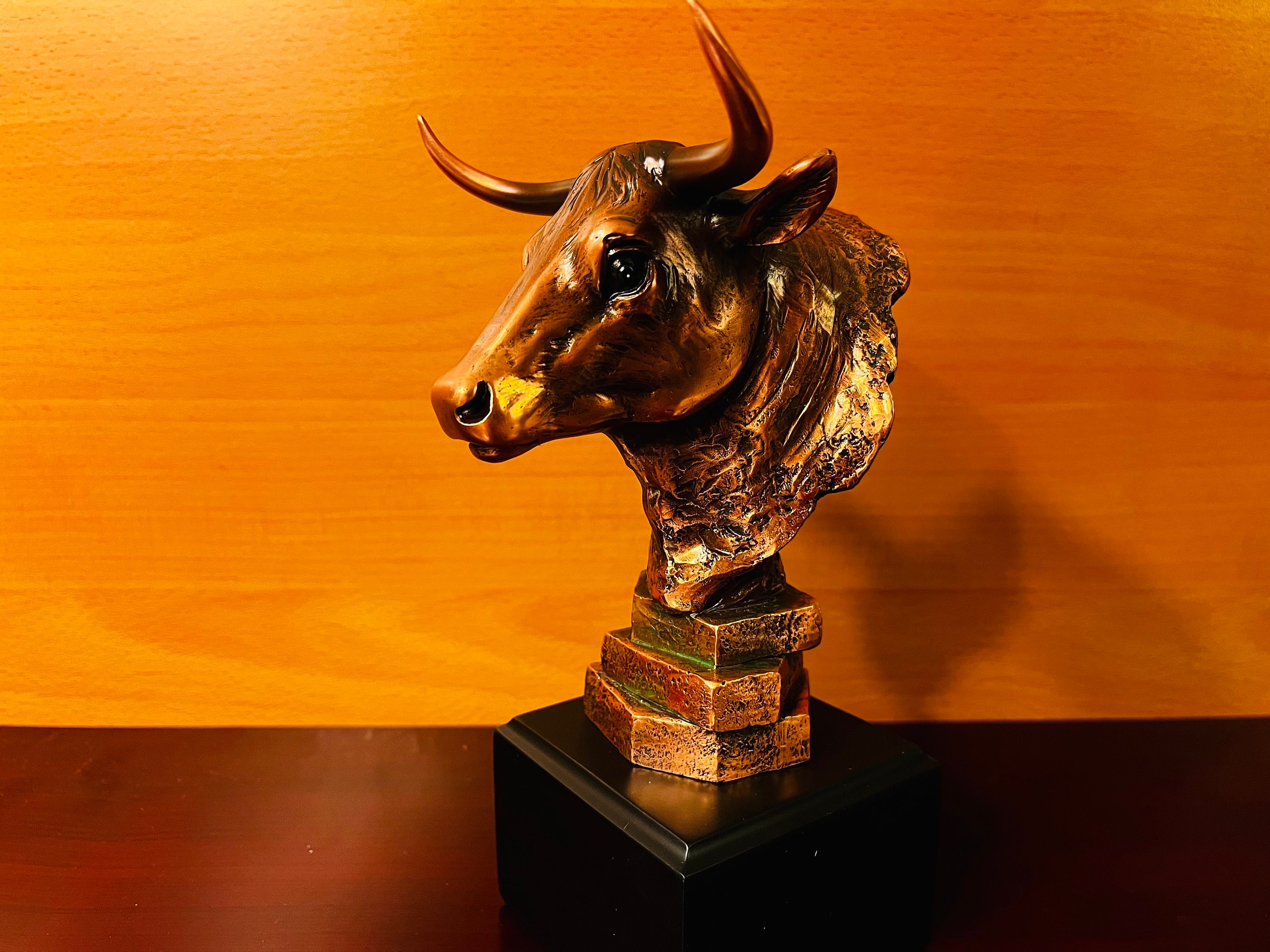 Bronze Bull Head Sculpture on Base, Blank for Home and Office Decor