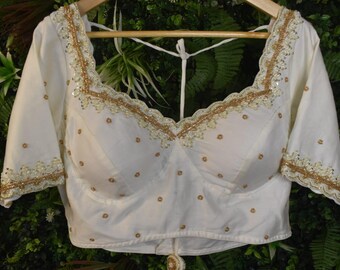 Saree Lehenga Blouse Made To Order Indian Designer light White Pearl  Handwork Embroidered Net  Deep Sweet Heart Neck Elbow Length Sleeves