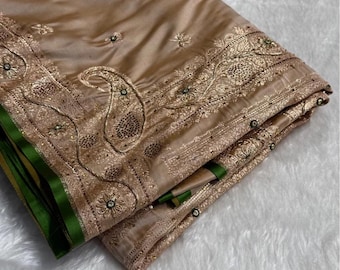 Indian Traditional Exclusive Pure Katan Silk Beige Golden Banarasi With Zardozi Handwork|wedding| anniversary|festivals|Saree For Women USA
