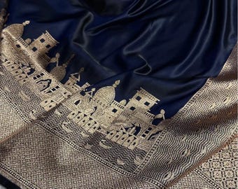 Indian Traditional Exclusive Pure Katan Silk Blue Colour Banaras Ghat Design Banarasi|Saree For Women USA |wedding Saree|Banarasi Saree