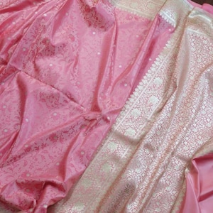 Pure Handloom Baby Pink Farbe Small Border Kombination leichte weiche Katan Silk Banarasi Saree|Saree für Frauen USA|Hochzeit