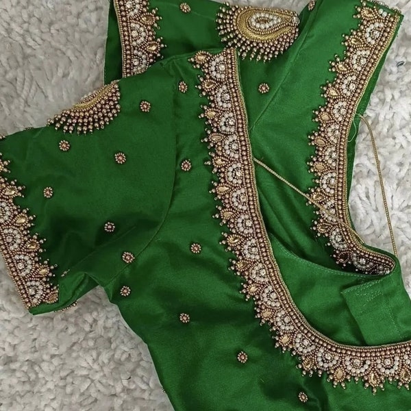 Exclusive Designer aari Handwork Silk green padded blouse for lahenga , saree, Blouse for Wedding| party| Festivals