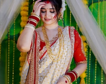 Sabyasachi Inspired Exclusive Designer Handwork Border Saree White Red Colour Georgette Durga Puja Bengali Saree light Saree For Women USA