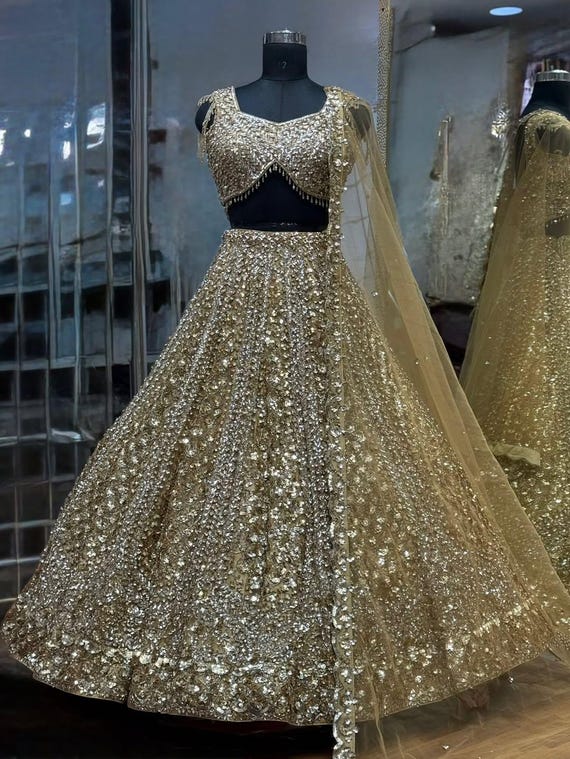 golden lehenga dress Luxury Bridal for Wedding|Heavy Embroidered Designer Indian Lengha|Sequin Zari Work Bridal Outfit for Reception|Indian wear Wicked