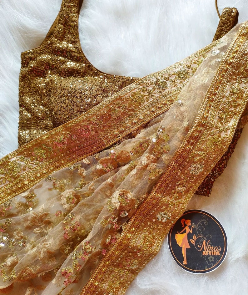 Golden saree, golden net saree, sequin saree, golden sequin saree, party wear saree, Indian wear saree,gift for her, Indian saree, transparent saree, net saree, wedding saree, festivals, sequin blouse with saree