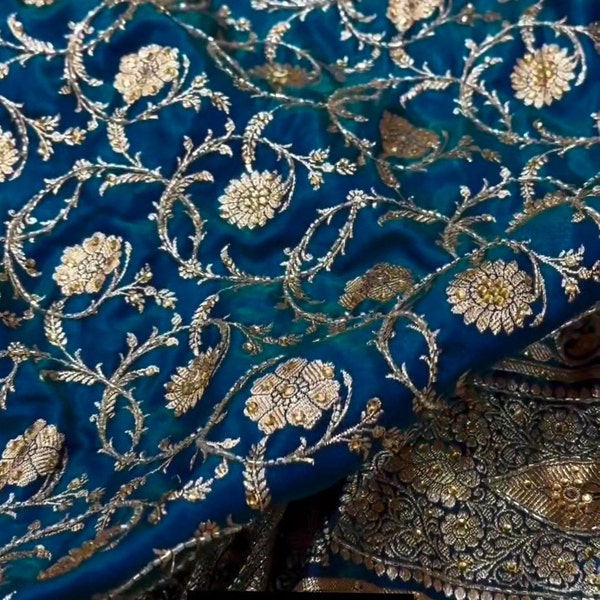 Peacock Blue Dual Tone Banarasi Saree Mit Stein Handarbeit, Authentische Banarasi Saree, Katan Banarasi, Sarees für Frauen USA, Handgewebte Saree