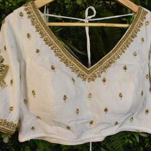 Saree Lehenga Blouse Made To Order Indian Designer light White Handwork Embroidered Net  Deep V Neck Elbow Length Sleeves Blouse| Wedding
