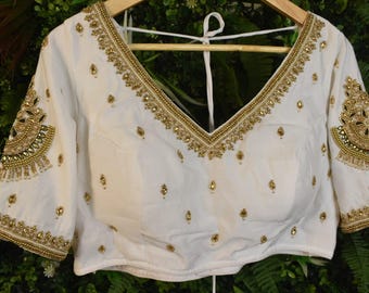Saree Lehenga Blouse Made To Order Indian Designer light White Handwork Embroidered Net  Deep V Neck Elbow Length Sleeves Blouse| Wedding