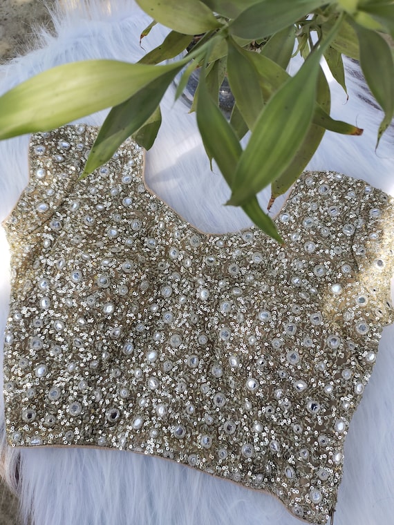 Heavvy Mirror and Gold Sequin Work Padded Blouse With Side Chain Crop Top Blouse for Lahenga Wedding anniversary festivals party Etsy Canada