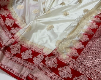 Indian Traditional White Red combination Bengali Style Banarasi saree For wedding|Durga Puja |katan silk|Banarasi Saree|Saree For Women USA