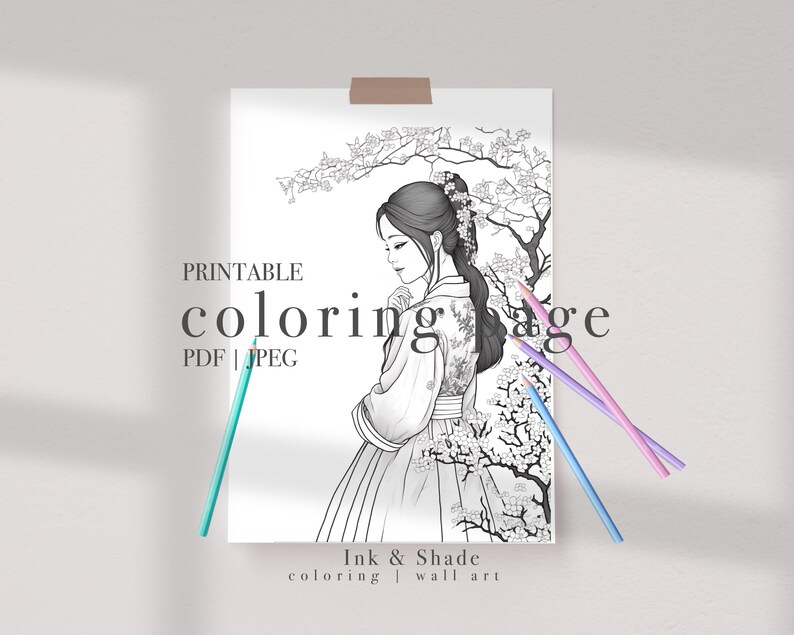 Hanbok Girl 10 Coloring Page for Adults Grayscale Coloring Page Instant Download Printable ...