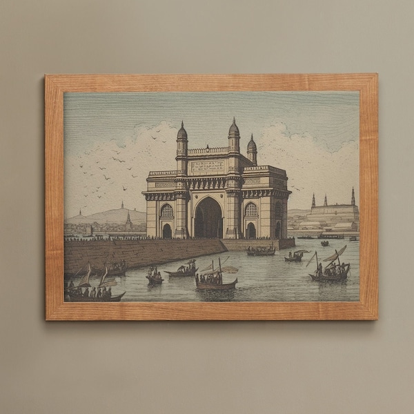 Vintage India Woodblock Print Gateway of India Delhi Poster | Print at home | Wall Art | PRINTABLE Wall Art | Digital Print | Instant Art