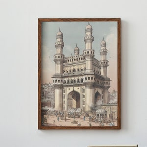 Vintage India Woodblock Print Charminar Hyderabad Poster | Thuis printen | Kunst aan de muur | AFDRUKBARE kunst aan de muur | Digitale druk | Directe kunst