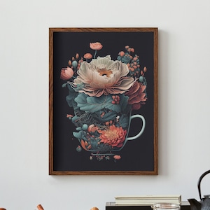 Surreal Coffee Cup Art Print, Goblin Core Floral Cup Poster, Moody Nature Flowers Coffee Cup Wall Art, Coffee Cafe Wall Decor Aesthetic