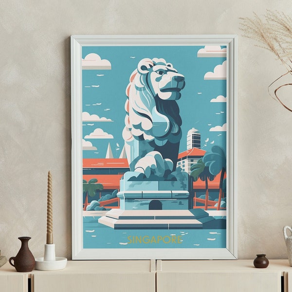 Singapore Merlion Singapore Travel Poster Digital Artwork | Print at home | Wall Art | PRINTABLE Wall Art | Digital Print | Instant Art