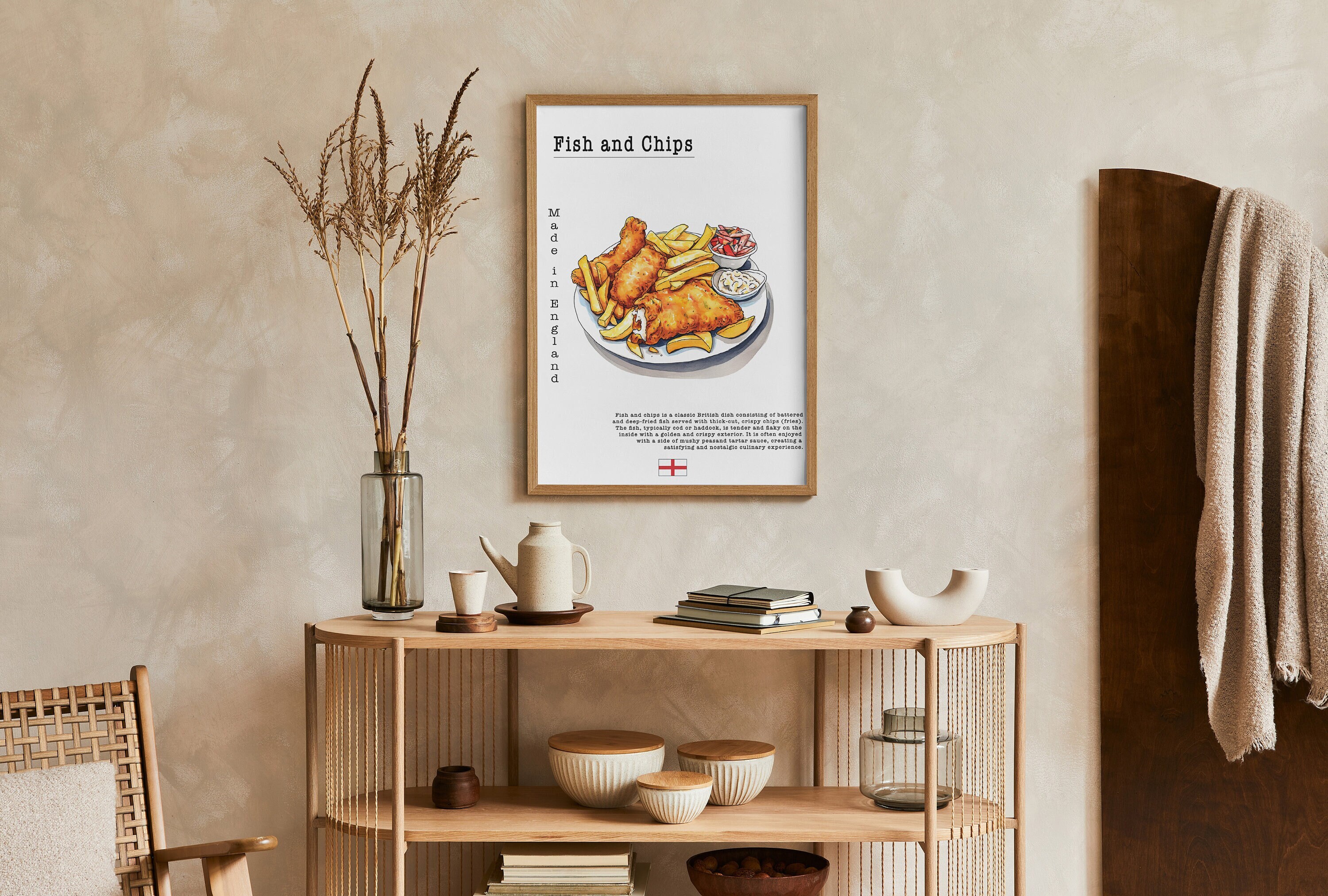 Fish and Chips Englisches Essen Poster, England National Dish Art Print, European Foodie Wandkunst, Englische Küche Wanddekor