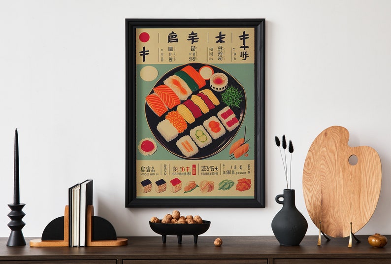 Japanese Kanji Sushi Seafood Poster, Salmon Sushi Lovers Wall Art Print