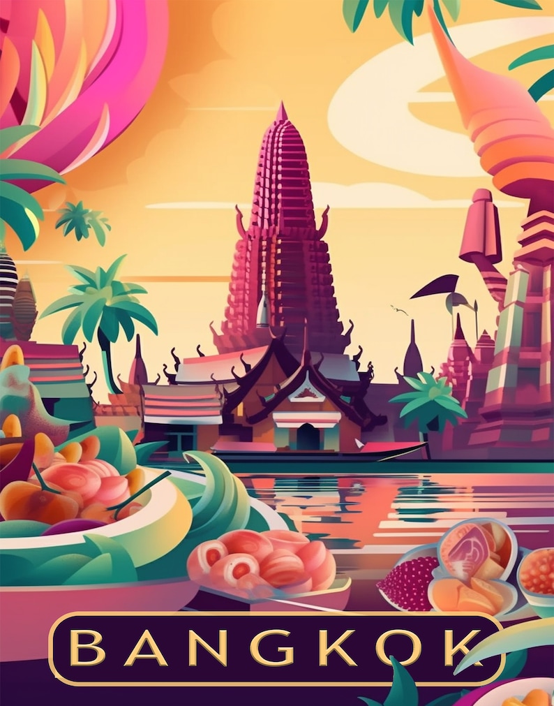 Retro Art Deco Travel Poster Bangkok Thailand Digital Artwork Print at