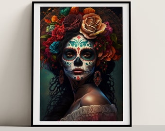 May include: A woman with a sugar skull makeup design wears a floral crown with red, orange, yellow, and blue flowers. Her eyes are outlined in blue and her lips are red.