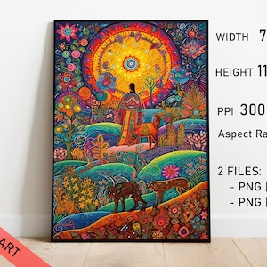 May include: A colourful digital art print depicting a landscape with a central figure and animals. The artwork shows a person in a field, surrounded by flora and fauna, with a radiant sun-like design in the background. The image is framed in black.