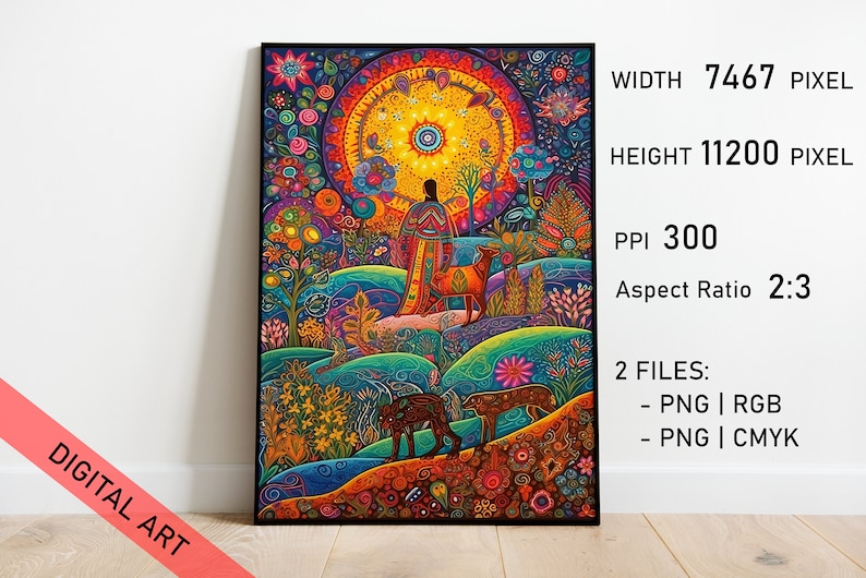 May include: A colourful digital art print depicting a landscape with a central figure and animals. The artwork shows a person in a field, surrounded by flora and fauna, with a radiant sun-like design in the background. The image is framed in black.