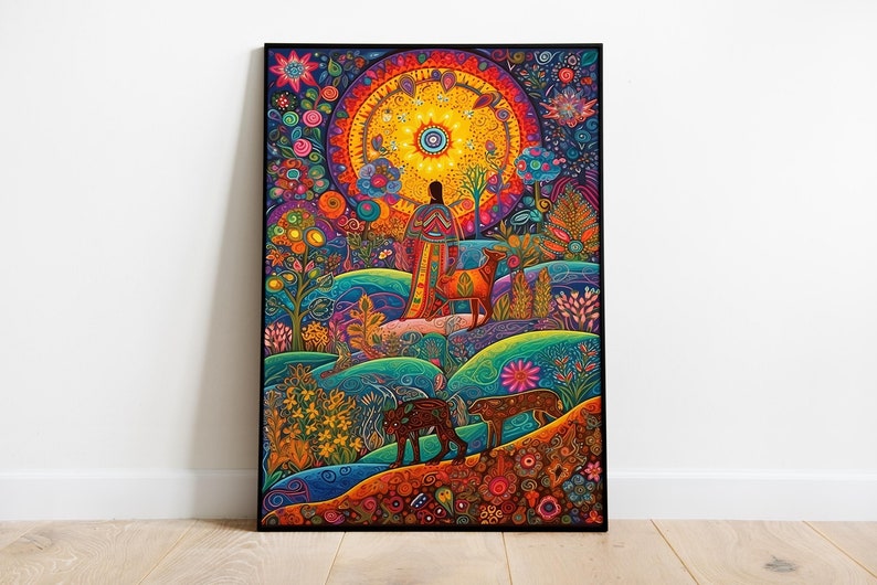 May include: A framed, colourful artwork depicting a person in a landscape with animals. The scene is filled with detailed floral and geometric patterns in shades of blue, orange, green, and yellow. A large, radiant sun-like design dominates the top.