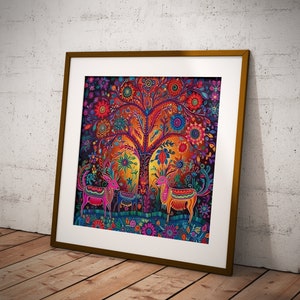 May include: A framed print of a colorful folk art style painting depicting a tree with flowers and three deer in a forest setting.