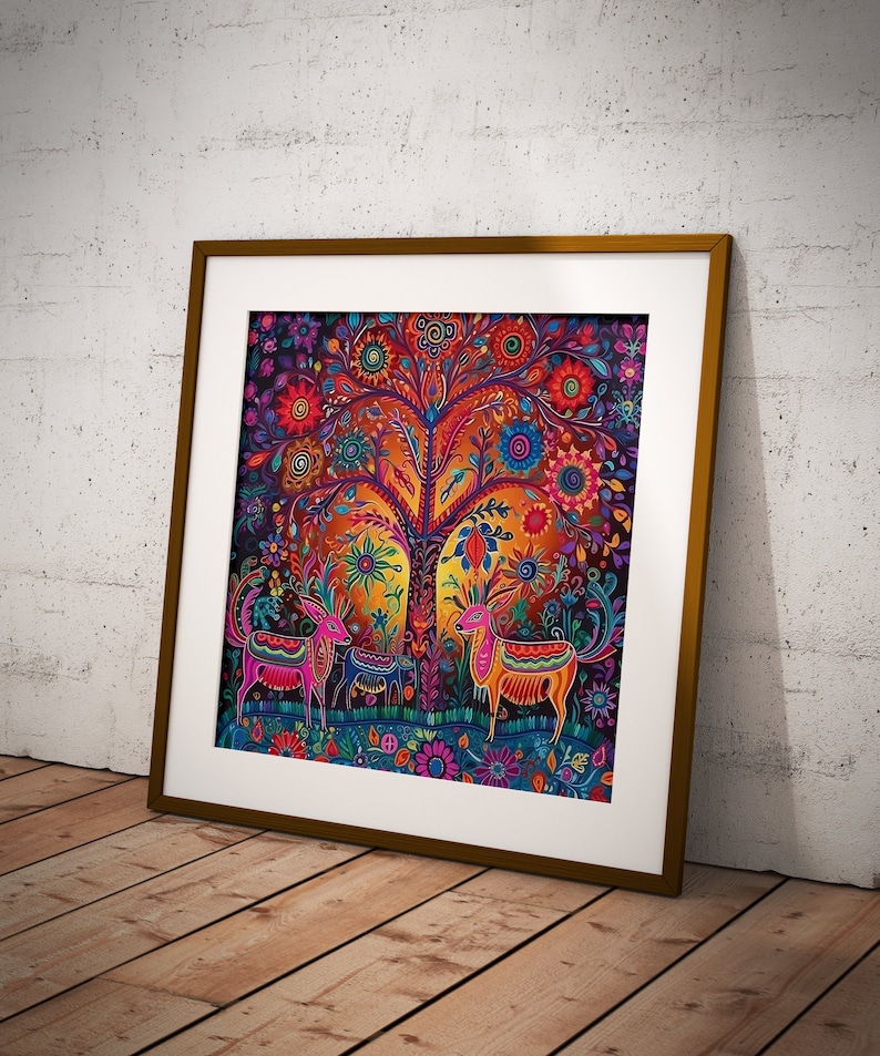 May include: A framed print of a colorful folk art style painting depicting a tree with flowers and three deer in a forest setting.