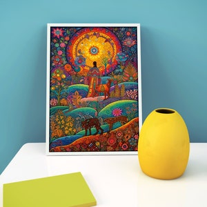 May include: A framed, colourful illustration with a white border. The artwork depicts a person in a patterned robe, surrounded by animals and vibrant flora. The background features a large, circular design with intricate details, set against a blue wall.