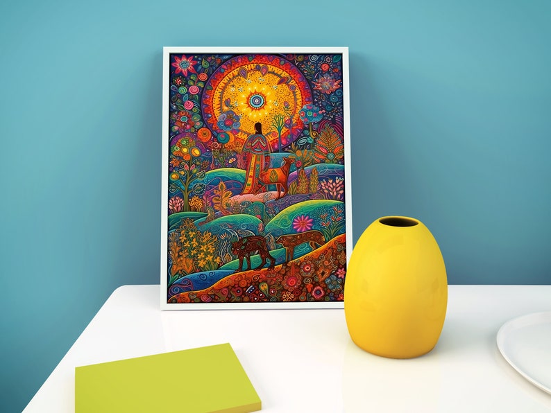 May include: A framed, colourful illustration with a white border. The artwork depicts a person in a patterned robe, surrounded by animals and vibrant flora. The background features a large, circular design with intricate details, set against a blue wall.